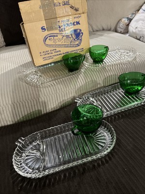 Vintage Anchor Hocking Serva Snack Luncheon Sets 200/27 Green  & Clear Glass