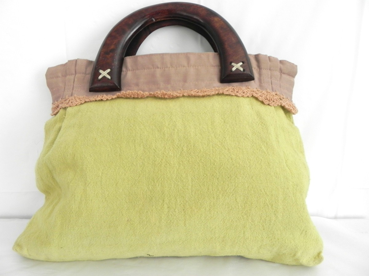 Hand Crafted Fabric Handbag Wooden Handles Embroidery Trim 