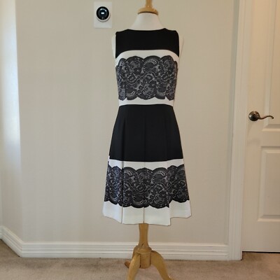 Tahari Lace Print Fit & Flare Pleated Sleeveless Lined Dress Black/White Size 8 | eBay Tahari Lace Print Fit & Flare Pleated Sleeveless Lined Dress Black/White Size 8 | eBay
