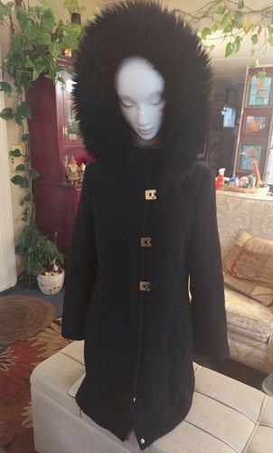 Black Wool Faux-Fur Hooded Trench Coat 
