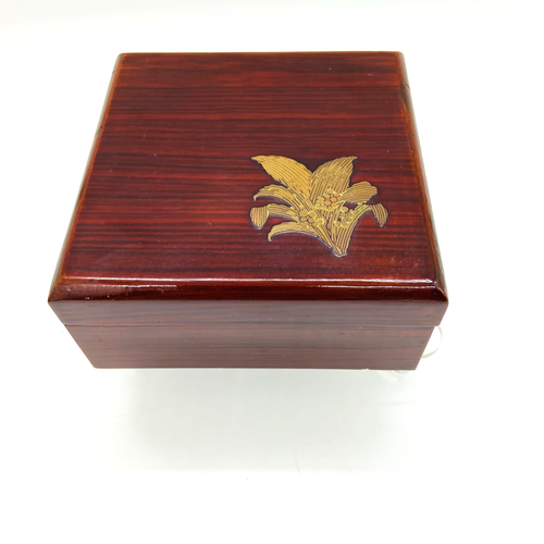 Korean Jewelry Box Red Wood Lacquer Asian Musical Flower Vintage Glossy Finish - Picture 2 of 13
