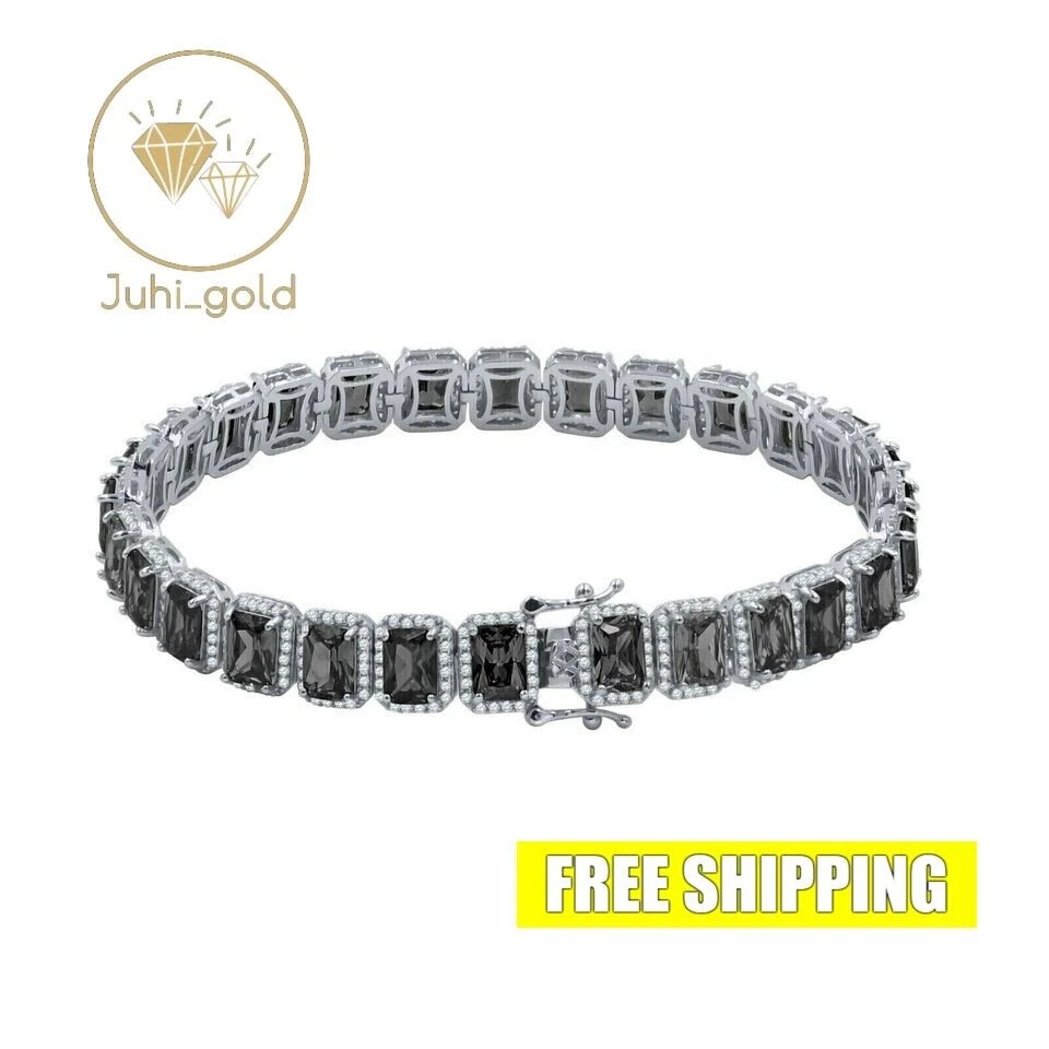 Brazalete de tenis de diamantes negros simulados con esmeralda de 16,0 quilates de plata de ley 925 blanca Foto 3 de 4