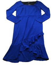 Cheztu Womens Dress Sz 10 Royal Blue Ruffle Hem Long Sleeve Stretch Lined NWT