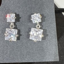 Gorgeous Double CZ Square Stone Dangle Pierced Earrings