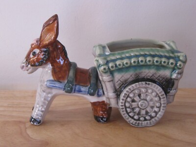 Vintage Hand Painted Donkey Pulling Cart Planter Made in Occupied Japan