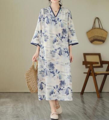Womens Fashion Retro Summer V Neck 3/4 Sleeve Loose Printed Cotton Linen  Dress | eBay