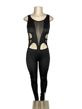 Women black bodysuit cut out front with mesh, S