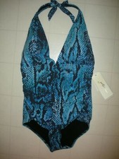 GOTTEX Blue Kalahari 1 Pc V Neck Halter Style Swimsuit Sz 12 NWT