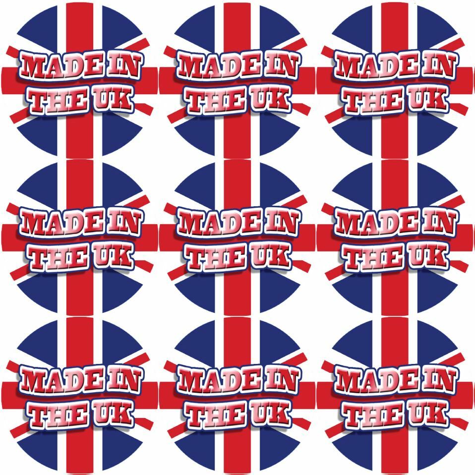 144 Made in the UK 30mm Union Jack Stickers Glossy Great Britain Labels