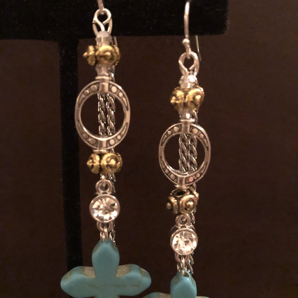 Pendientes colgantes de cruz turquesa de dos tonos hechos a mano nuevos con etiquetas Foto 4 de 4