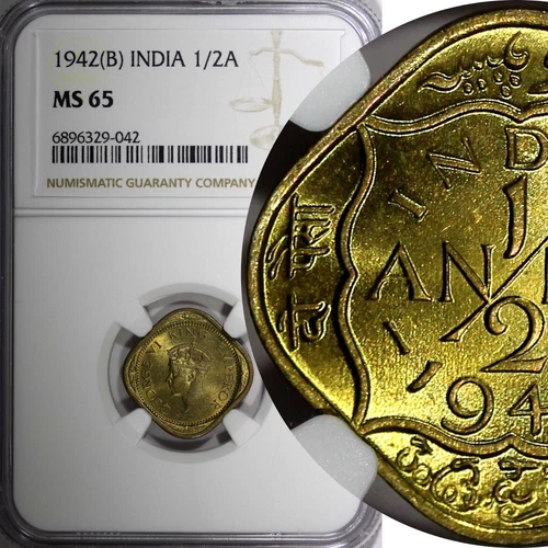 India-British George VI 1942 1/2 Anna NGC MS65 GEM BU KM# 534b.2 (042)