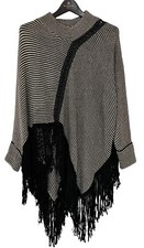 NWT Tempo Paris Black Gray Knit Faux Suede Fringed Poncho Dolman Sleeve Asym M/L