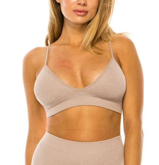 Removable padded seamless ribbed deep V triangle bralette no wire bra top