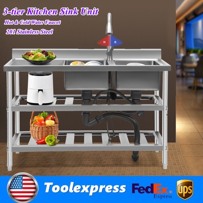 3 Tier &Faucet Commercial Utility Prep Sink Stainless Steel 2 Compartment Basins