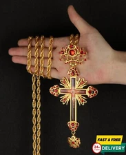 Orthodox Pectoral Cross Crucifix Bishop Necklace Pendant Religious Red Crystal