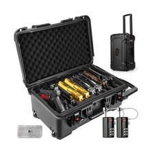 Wheeled Pistol Gun Case for 10 Handguns - Holds 10 Pistols & 12 Magazines, Pr...
