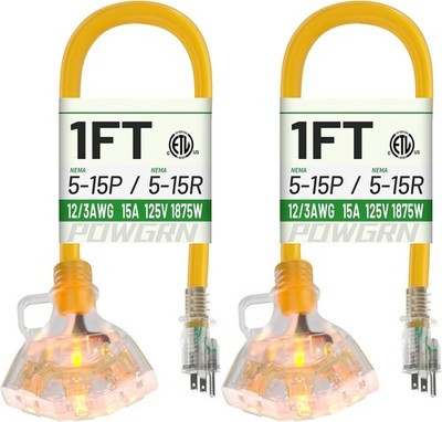 POWGRN 1 FT 2 Pack 12/3 Gauge Extension Cord with Multiple 1FT-2pc, yellow 