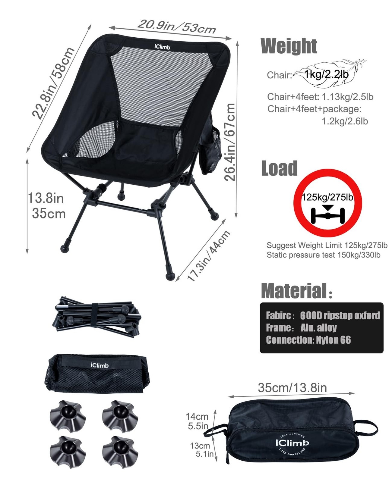iClimb Ultralight Compact Camping Folding Beach Chair with Anti-Sinking Large...