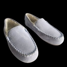 Lands End Moccasin Slipper Suede Leather Indoor/ Outdoor Lined Light Blue 9 M