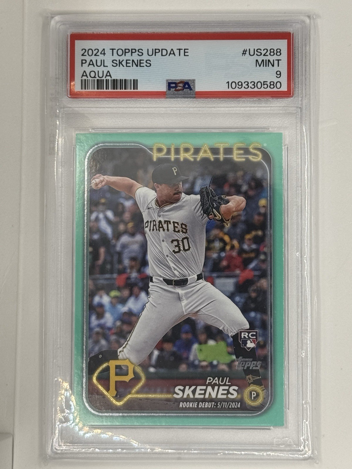2024 Topps Update Series - Rookie Debut Paul Skenes #US288 Aqua (RC) PSA 9
