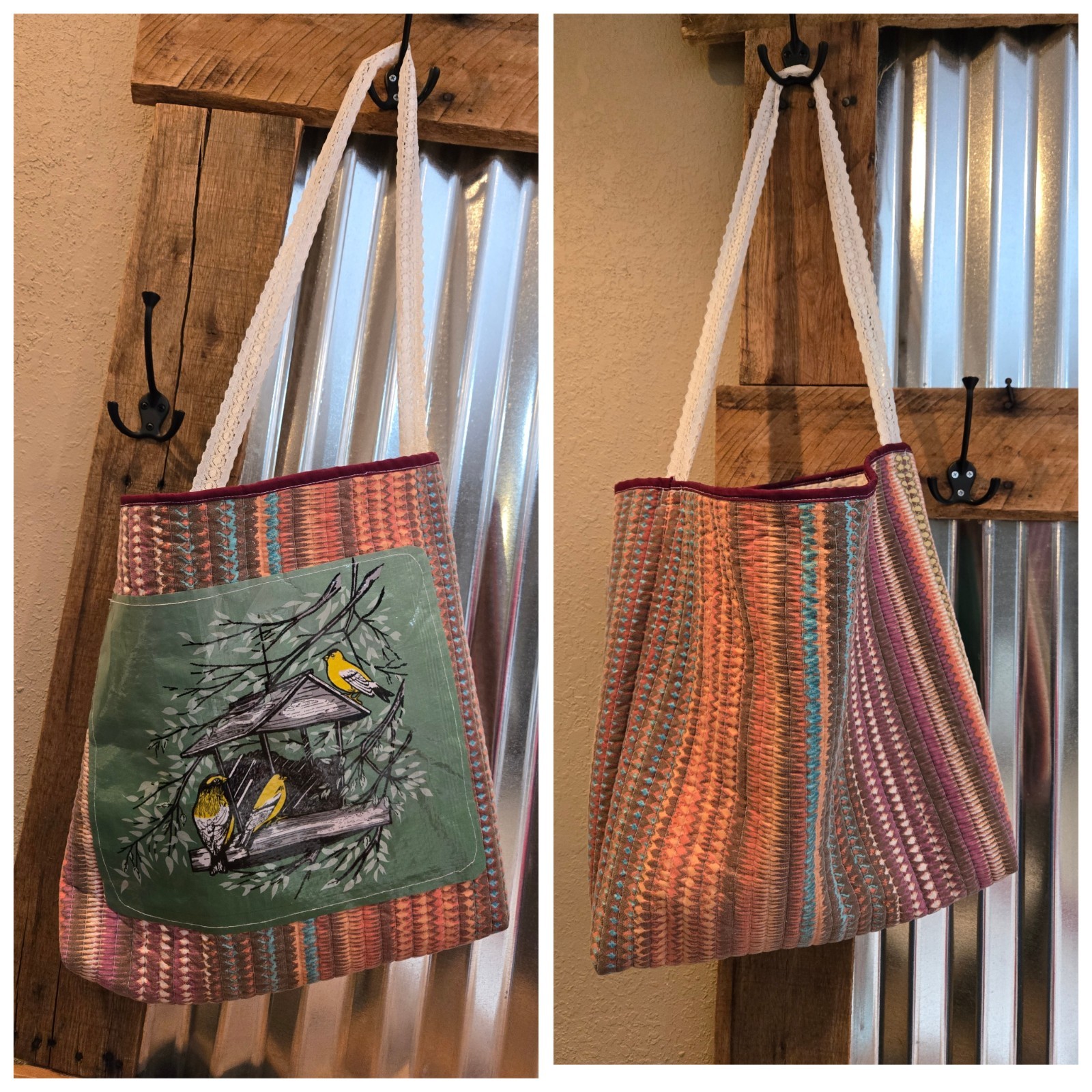 Bolso de Mano Reciclado Semilla de Pájaro Acolchado Hecho a Mano No Lo Tires
