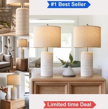 Ceramic Table Lamp Set of 2 23 Inch Beige White Farmhouse Drum Shade E26 Rotary