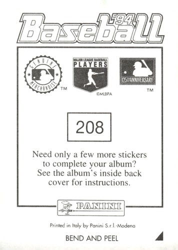1994 Panini Baseball Sticker #208 Wil Cordero Montreal Expos - Picture 2 of 2