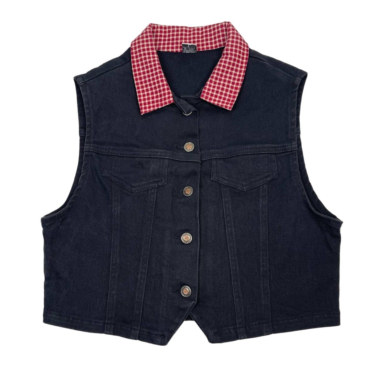Vintage Christmas Black Denim Vest with Red Check Collar Snowman Tree Patch Size Large  