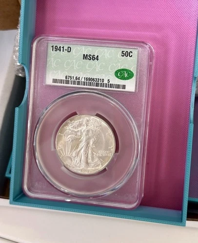 1941-D CAC GRADED Walking Liberty Half Dollar CAC MS 64 - LOW POP + Custom Case!