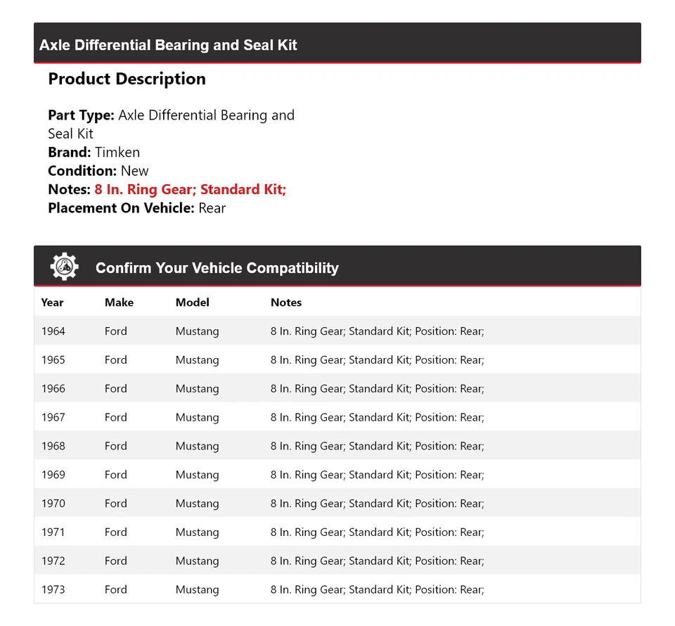 Kit de cojinete y sello diferencial de eje trasero Timken para Ford Mustang 1964-1973 Foto 2 de 3