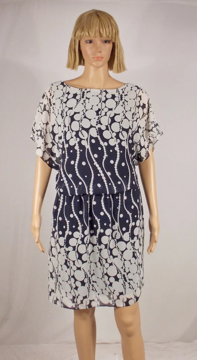 SL Fashions Size 12 Navy Blue White Circle Dot Print Boat Neck Blouson Dress NEW