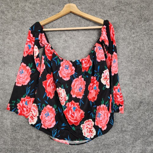 Kookai Womens Top Size 36 8 Black Floral Off Shoulder Cropped Silk Blouse Flowy - Picture 5 of 7