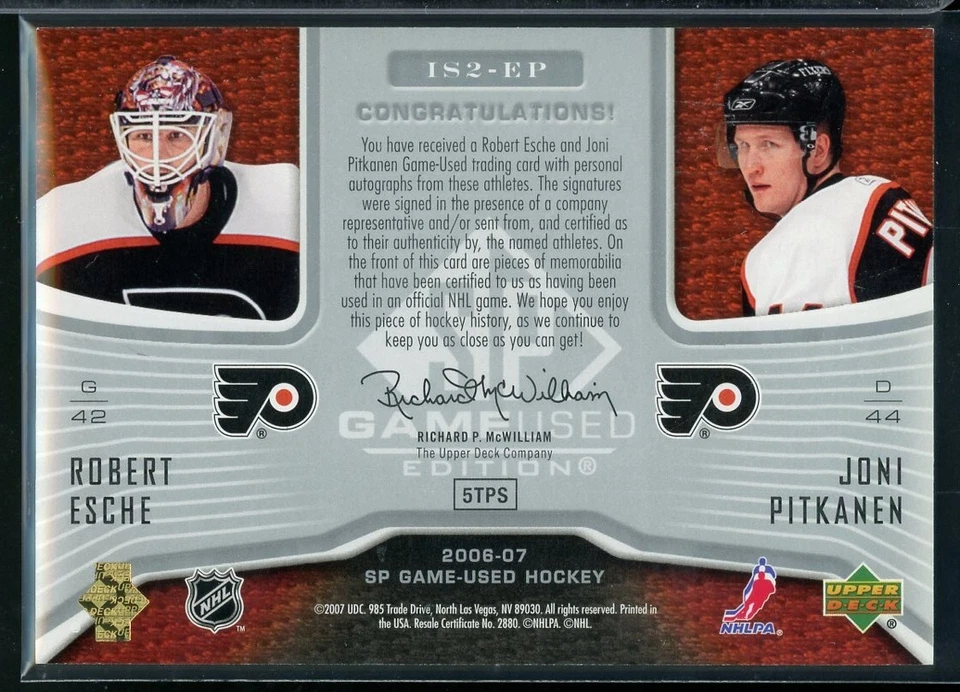 2006-07 SP Game Used Inked Sweaters Dual #IS2EP Robert Esche/Joni Pitkanen 42/50 - Image 2 of 2