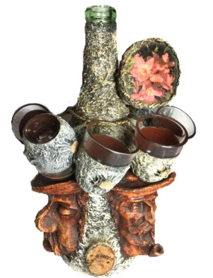 Black Forest Decanter Wood Carved Faces on Wine Bottle 6 Glasses 1950s Austria