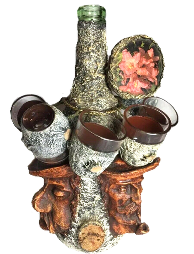 Black Forest Decanter Signed Wood Carved Faces Bottle 6 Glasses 1950s Austria