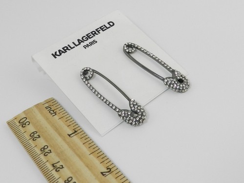 Karl Lagerfeld PARIS Hematite-Tone Pavé Safety Pin Drop Earrings - Picture 2 of 3