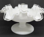 Vintage Fenton Silver Crest Milk Glass Compote Candy Pedestal Bowl Ruffled Edge
