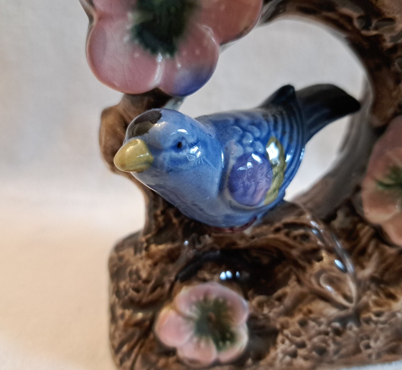 Vintage Florart Blue Bird Vase/Planter Pink Flowers Japan Hand