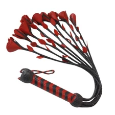 Real Cowhide Leather Flogger 09 Leather Braided Falls & Red Roses Heavy Duty
