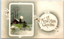 Postcard - A New Year Greeting with Flowers and Evening Snow Scene Art Print