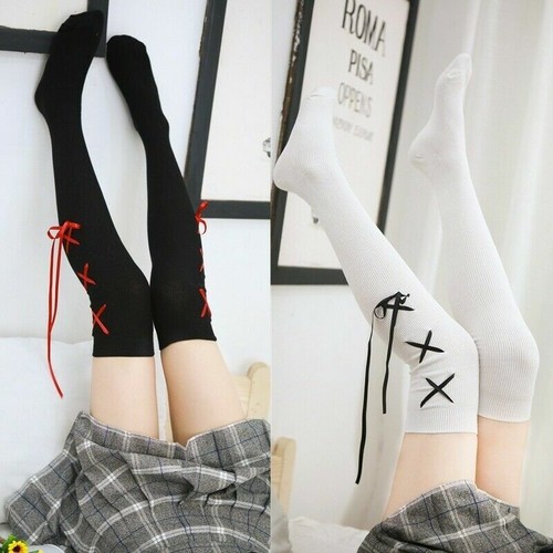 Cotton Stockings Thigh High Over Knee Socks Lace Up Japanese Preppy Lolita - Picture 11 of 14