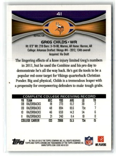 Greg Childs Minnesota Vikings 2012 Topps Chrome Refractors #41 - Picture 2 of 2