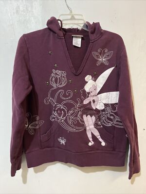 Walt Disney World Tinkerbell Hoodie Women Large Purple Skulls Pullover Faded