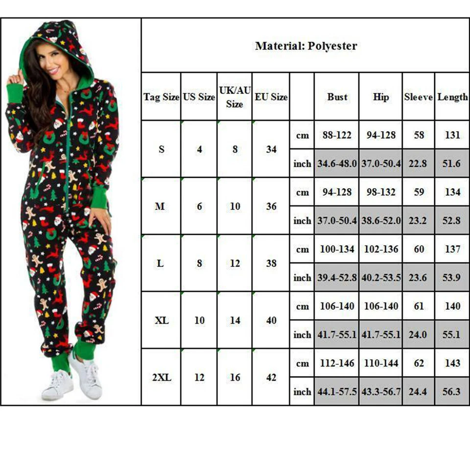 Weihnachten Overall Pyjamas Frauen Winter Drucken Nachtwäsche Zipper Kapuze - Bild 3 von 4