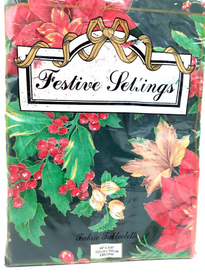 Vintage Avon Festive Settings Tablecloth 60 x 118 Oblong Holiday Christmas Green