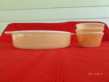 Vintage Fire King Peach Lusterware Casserole Dish Matching Custard Cups Lot of 4