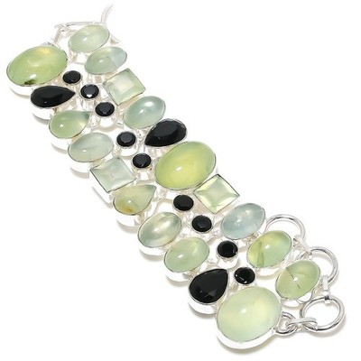 Luminous Prehnite & Black Spinel Artisan Bracelet ? 925 Silver Y083