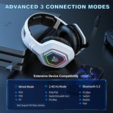 ONIKUMA B100 RGB Wireless/Wired/Bluetooth Gaming Headset Headphones w/ Mic White 2