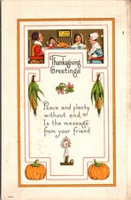 Thanksgiving Greetings Arts and Crafts Turkey Dinner Pilgrims DB Postcard XK14