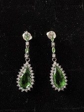 925 Sterling Silver Earrings Green Stone Pear CZ Drop/Dangle Women